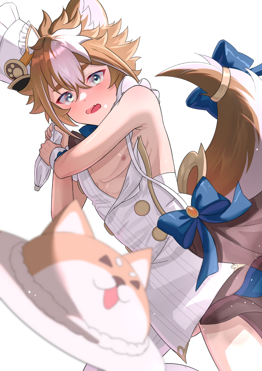 1boy absurdres animal_ears apron aqua_eyes blue_bow blush bow brown_hair brown_tail dog_boy dog_ears dog_tail genshin_impact gorou_(genshin_impact) hair_between_eyes hat highres holding jewelry maid maid_apron male_focus multicolored_hair multicolored_tail narshiyu nipples open_mouth short_hair solo streaked_hair tail two-tone_tail white_apron white_hair white_hat white_tail