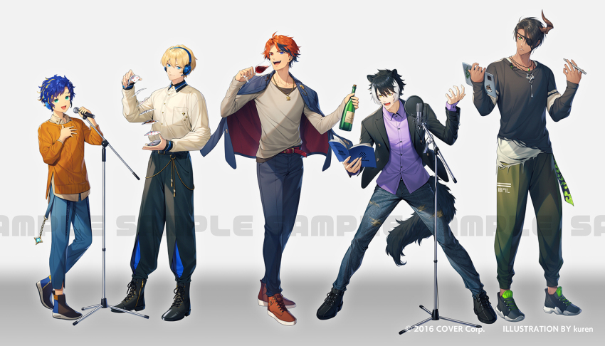 5boys :d alcohol alternate_costume animal_ears ankle_boots aqua_eyes aragami_oga artist_name astel_leda belt belt_chain between_fingers black_belt black_boots black_hair black_jacket black_pants black_shirt black_shoes blazer blonde_hair blue_eyes blue_hair blue_jacket blue_pants book boots bottle breast_pocket card closed_mouth collarbone collared_shirt copyright_notice cup curtained_hair dark-skinned_male dark_skin demon_horns denim drinking_glass eyepatch fangs full_body gem gradient_background green_eyes green_gemstone green_pants grey_background grey_shirt hair_between_eyes hand_on_own_chest hand_up headphones heterochromia holding holding_book holding_bottle holding_card holding_cup holding_stylus holding_tablet_pc holostars horns jackal_boy jackal_ears jackal_tail jacket jacket_on_shoulders jeans jewelry kageyama_shien kishido_temma kuren lace-up_boots lapel_pin lapels legs_apart legs_together long_sleeves looking_at_object looking_at_viewer male_focus microphone microphone_stand mole mole_under_eye multicolored_hair multiple_boys notched_lapels official_art open_book open_clothes open_collar open_jacket open_mouth orange_boots orange_eyes orange_hair orange_sweater pants pants_tucked_in parted_bangs parted_lips pendant playing_card pocket pop_filter purple_eyes purple_shirt reading red_belt red_wine sample_watermark shirt shirt_partially_tucked_in shirt_tucked_in shoes short_hair shuffling_cards single_horn sleeves_past_wrists smile sneakers standing streaked_hair studio_microphone stylus sweater swept_bangs tablet_pc torn_clothes torn_jeans torn_pants torn_shirt two-tone_hair undershirt untucked_shirt v-shaped_eyebrows virtual_youtuber watermark white_background white_hair white_shirt wine wine_bottle wine_glass yellow_eyes yukoku_roberu