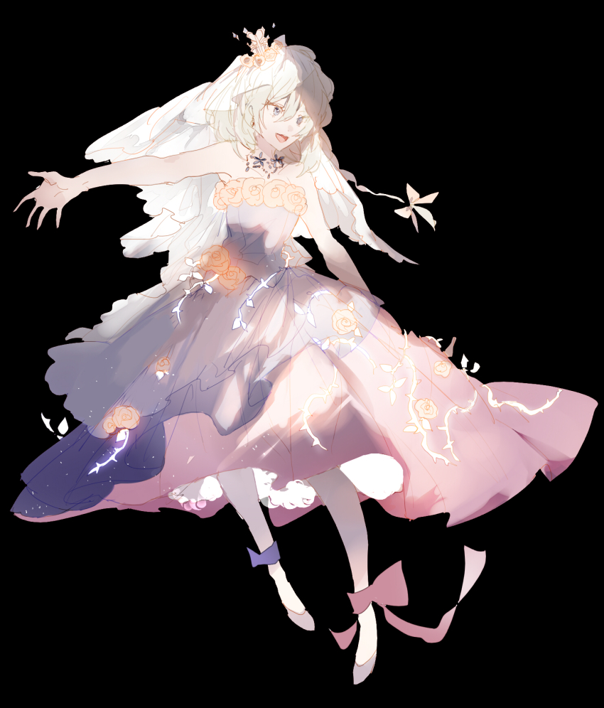 1girl ankle_bow ankle_ribbon bare_arms bare_shoulders black_background blue_bow blue_dress blue_eyes bow braid commentary crown crown_braid crystal_rose_(miracle_nikki) dress dress_flower eyelashes floating_clothes floating_hair flower full_body gown grey_shoes hair_between_eyes hair_bow happy hat hat_flower highres layered_dress long_dress long_hair looking_ahead mini_crown miracle_nikki neck nikki_(series) open_mouth ori_(momonimo) outstretched_arm pantyhose petticoat pink_bow pink_dress red_flower ribbon shoes simple_background single_braid smile solo standing strapless strapless_dress thorns veil white_crown white_pantyhose white_veil yellow_bow yellow_flower