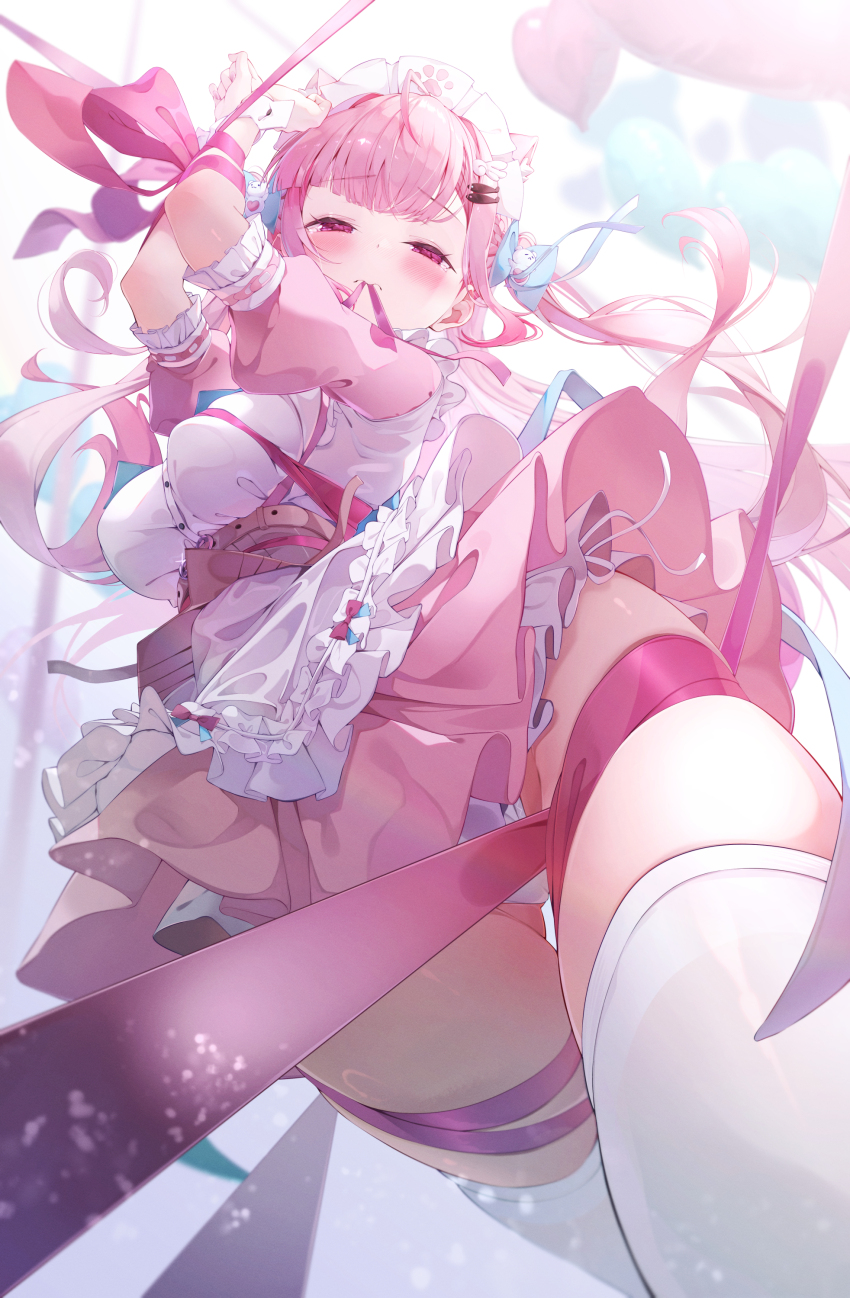 1girl 3: absurdres animal_ears balloon belt blue_bow blush bound bound_arms bound_legs bow breasts cat_ears cat_girl dress extra_ears fish_hair_ornament fof_(fof_0016) ghost_hair_ornament hair_bow hair_ornament hairclip highres indie_virtual_youtuber long_hair maid maid_headdress mouth_hold panties paw_print pink_belt pink_dress pink_eyes pink_hair pink_ribbon ribbon short_sleeves solo tears thighhighs thighs two_side_up underwear virtual_youtuber white_background white_panties white_thighhighs white_wrist_cuffs wing_hair_ornament wrist_cuffs yuuki_sakuna