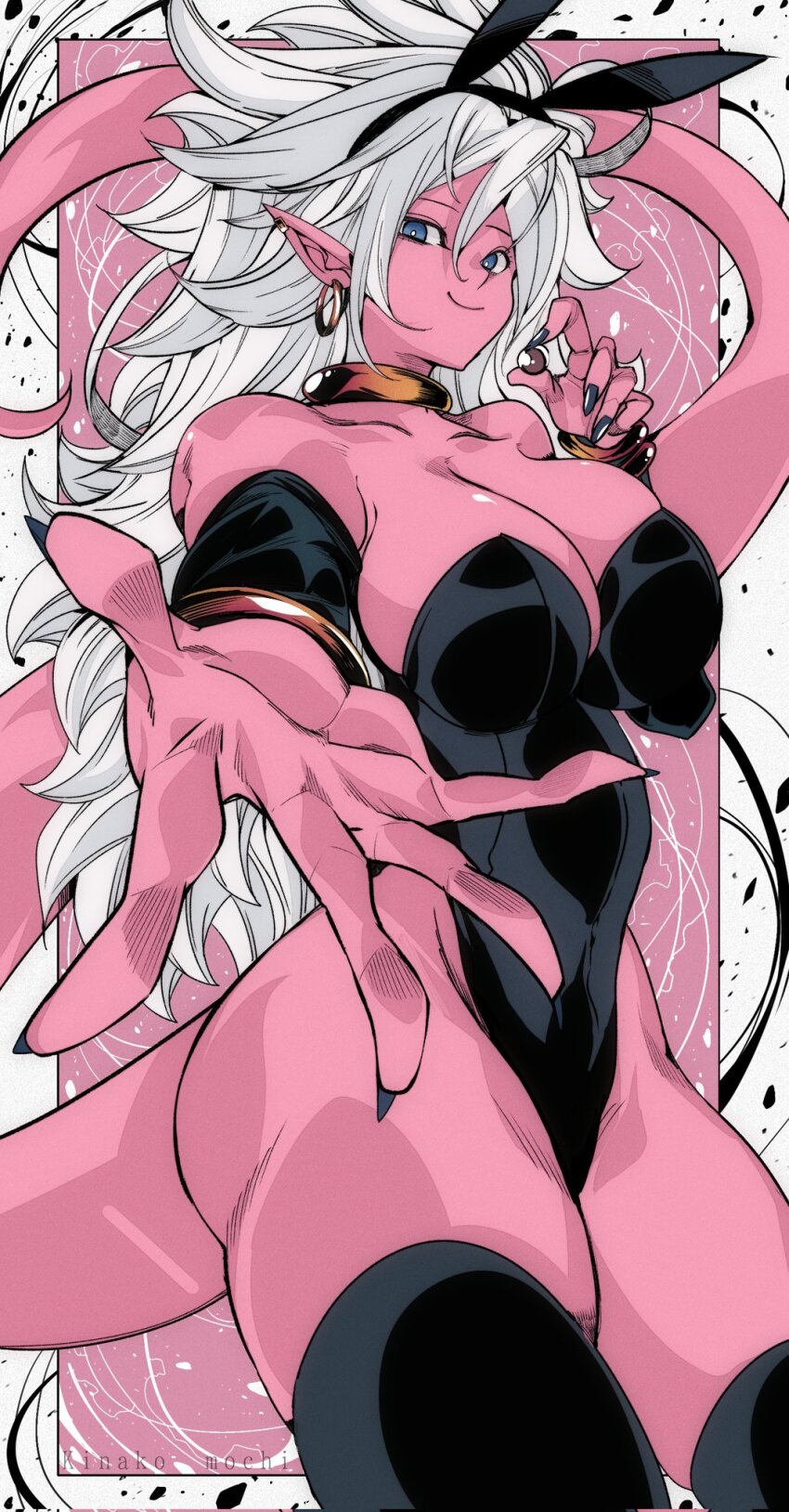 1girl android_21 animal_ears ass black_leotard black_thighhighs blue_eyes bracelet breasts cleavage collarbone colored_skin curvy detached_sleeves dragon_ball dragon_ball_fighterz earrings fake_animal_ears hair_ornament highleg highleg_leotard highres jewelry kinakomochi_(user_vedc2333) large_breasts leotard long_hair looking_at_viewer majin_android_21 neck_ring pink_skin playboy_bunny pointy_ears rabbit_ears rabbit_hair_ornament reaching reaching_towards_viewer skindentation smile solo spiked_hair tail thick_thighs thighhighs thighs very_long_hair white_hair wide_hips