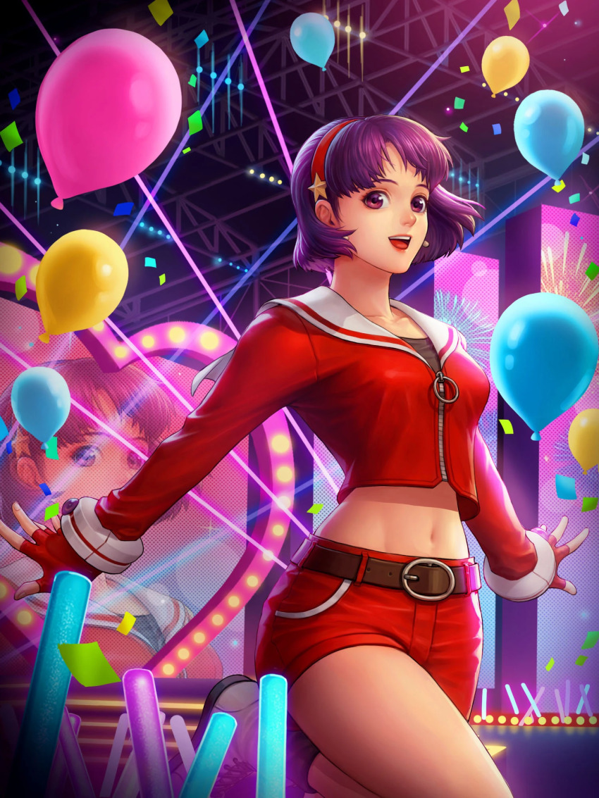 1girl asamiya_athena balloon breasts earrings female_focus fingerless_gloves gloves glowstick hairband heart highres jewelry large_breasts long_sleeves open_mouth purple_eyes purple_hair shoes short_hair shorts smile sneakers socks stage stage_lights standing star_(symbol) the_king_of_fighters thick_thighs thighs wide_hips
