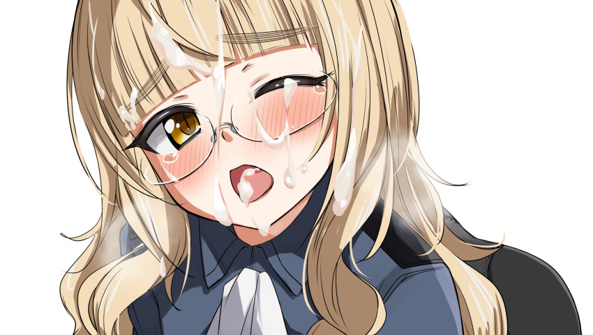 1girl ass black_pantyhose blonde_hair blush cum cum_in_mouth cum_on_body facial glasses highres long_hair looking_at_viewer military_uniform momendoufu neckerchief one_eye_closed open_mouth panties panties_under_pantyhose pantyhose perrine_h._clostermann simple_background solo strike_witches underwear white_background white_neckerchief white_panties world_witches_series yellow_eyes