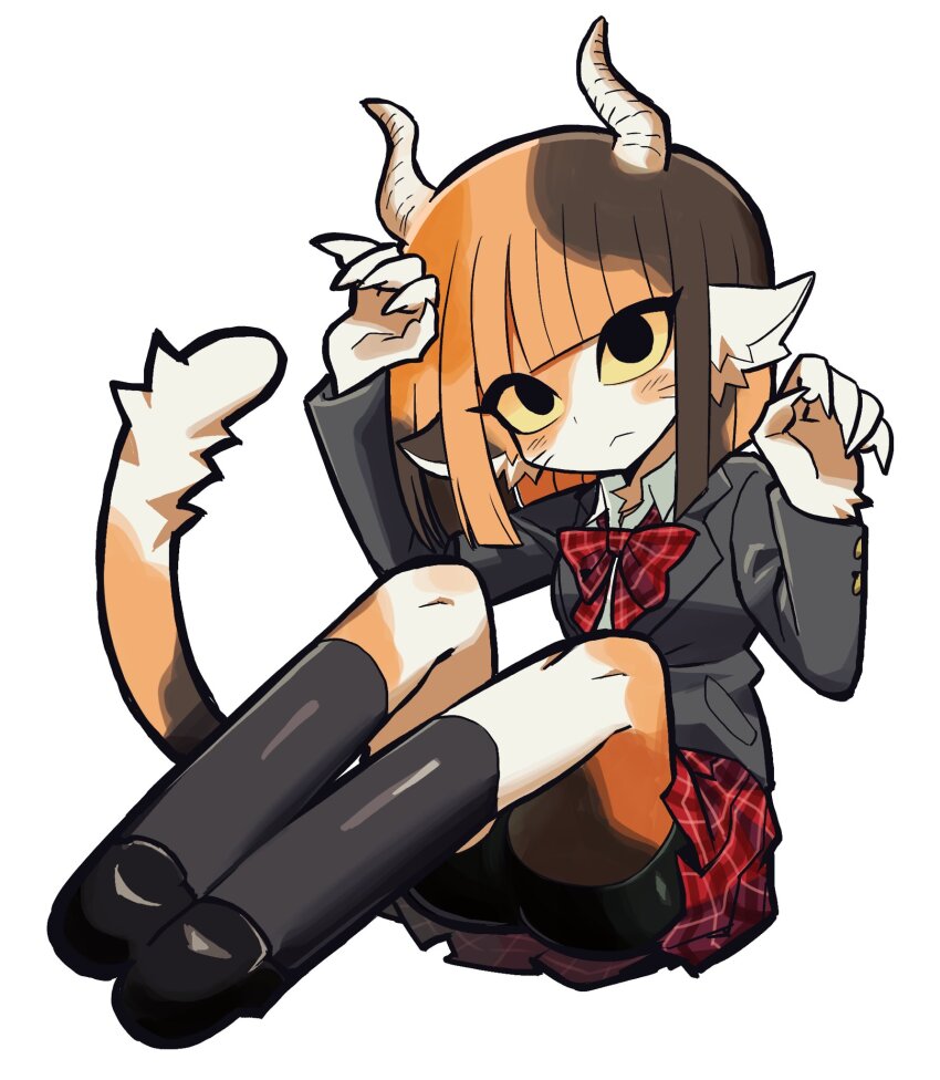 1girl animal_ears black_eyes black_socks body_fur brown_fur brown_hair calico_(pattern) cat_ears cat_girl claw_pose claws colored_sclera commentary_request full_body grey_jacket highres horns jacket kakke666 kneehighs korean_commentary looking_at_viewer monster_girl orange_fur orange_hair original plaid_clothes plaid_skirt red_skirt school_uniform short_hair simple_background skirt socks solo tail whiskers white_background white_fur yellow_sclera