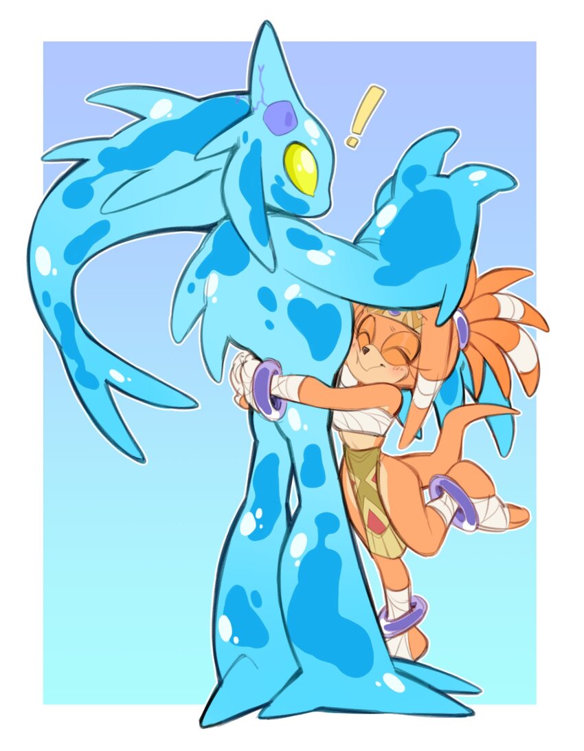 ! 1boy 1girl :&gt; ^_^ adapted_costume alternate_costume alternate_hairstyle animal_nose bandeau bare_shoulders blue_eyes blue_gemstone bracelet brain cetacean_tail chaos_(sonic) chaos_0 closed_eyes fingerless_gloves fins fish_tail forehead_jewel full_body furry furry_female gem gloves green_eyes hair_tubes hand_wraps hands_up head_tail headband height_difference high_ponytail highres hug jewelry kaijumilk_(milkchaotea) leg_up light_blush loincloth long_eyelashes long_hair looking_at_viewer orange_fur orange_hair pelvic_curtain ponytail profile redesign see-through_body smile solid_eyes sonic_(series) sonic_adventure standing standing_on_one_leg strapless tail tikal_the_echidna tube_top water wavy_mouth white_bandeau white_gloves