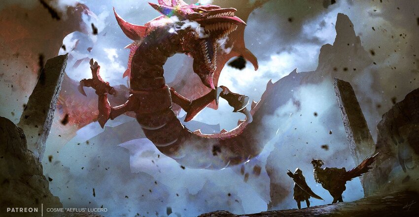 breath cosme_lucero_(aeflus) crossover dragon duel_monster extra_mouth highres monster_hunter_(series) open_mouth osiris_the_sky_dragon red_scales seikret_(monster_hunter) sharp_teeth solo_focus sword sword_on_back tagme teeth weapon weapon_on_back yu-gi-oh!