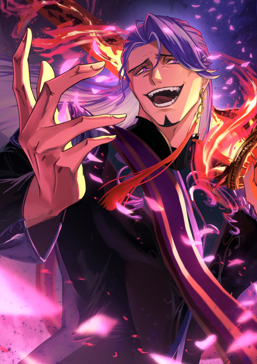 1boy absurdres black_shirt duryodhana_(fate) earrings facial_hair fate/grand_order fate_(series) fingernails goatee highres jewelry koniko0907 long_hair looking_at_viewer male_focus open_mouth purple_eyes purple_hair sash shirt solo tassel tassel_earrings teeth upper_body