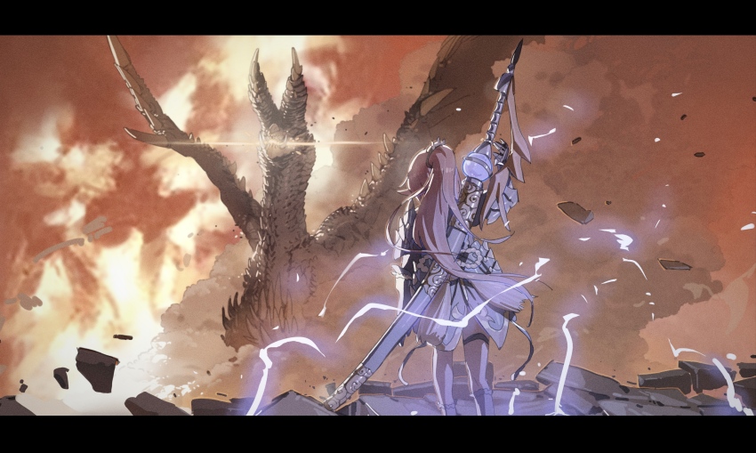 1girl 1other absurdres armor broken_ground check_copyright chinese_commentary commentary_request copyright_request dust_cloud feet_out_of_frame fiery_background fire from_behind gauntlets highres huge_weapon letterboxed lightning long_hair monster monster_hunter_(series) nainainainainaiya ootachi pink_hair pointy_ears ponytail sheath sheathed thigh_strap very_long_hair weapon