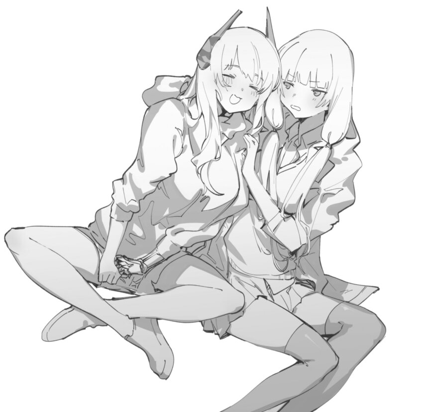 2girls annoyed bad_id bad_twitter_id blush closed_eyes commentary_request crossed_ankles girls&#039;_frontline greyscale headgear highres inactive_account jacket leaning_on_person leaning_to_the_side long_hair long_sleeves looking_at_another m4_sopmod_ii_(girls&#039;_frontline) monochrome multiple_girls open_mouth pushing_away ro635_(girls&#039;_frontline) shoes simple_background sitting skirt smile suiso_(owp) thighhighs white_background