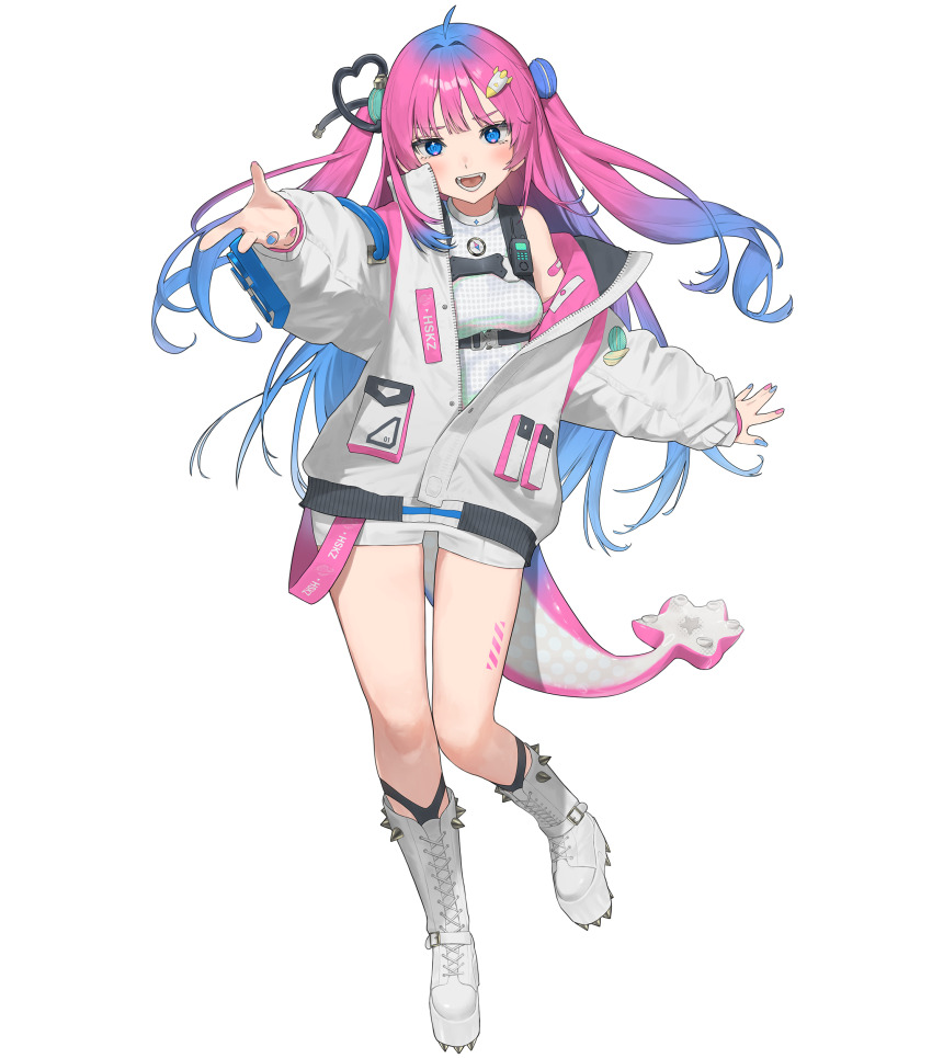 1girl absurdres ahoge bandaid bandaid_on_arm blue_eyes blue_hair blue_nails blush boots breasts food-themed_hair_ornament full_body gradient_hair hair_ornament highres jacket knees_together_feet_apart lace-up_boots long_hair looking_at_viewer macaron_hair_ornament mashiro_kta multicolored_hair multicolored_nails nail_polish official_art open_mouth outstretched_arm partially_unzipped pink_hair pink_nails planei_hoshikuzu rocket_hair_ornament shorts simple_background single_off_shoulder small_breasts solo specialite_(company) spiked_boots teeth tentacle_tail transparent_background two_side_up very_long_hair virtual_youtuber walkie-talkie white_boots white_jacket white_shorts