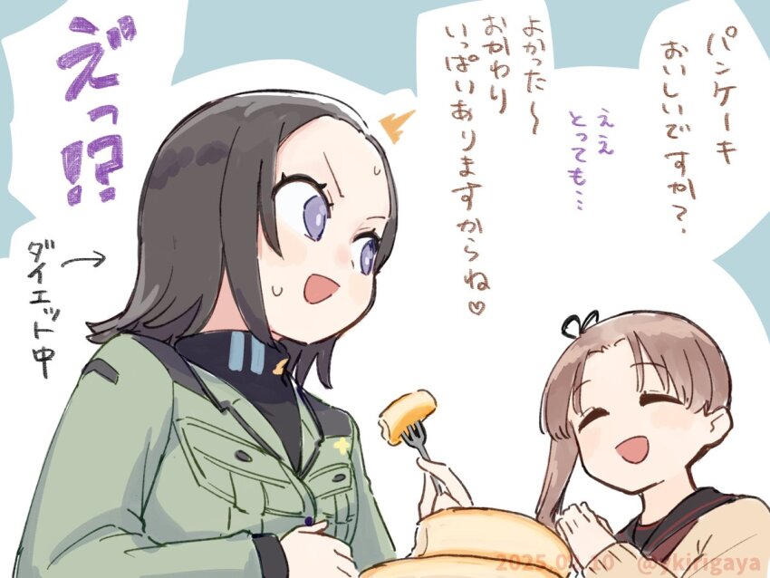 2girls ^^^ ayanami_(kancolle) ayanami_kai_ni_(kancolle) black_hair brown_hair brown_sweater closed_eyes commentary_request comoli_harcourt crossover food gundam gundam_gquuuuuux kantai_collection kirigaya_yuuji long_hair military_uniform multiple_girls pancake purple_eyes short_hair side_ponytail smile sweater translation_request upper_body