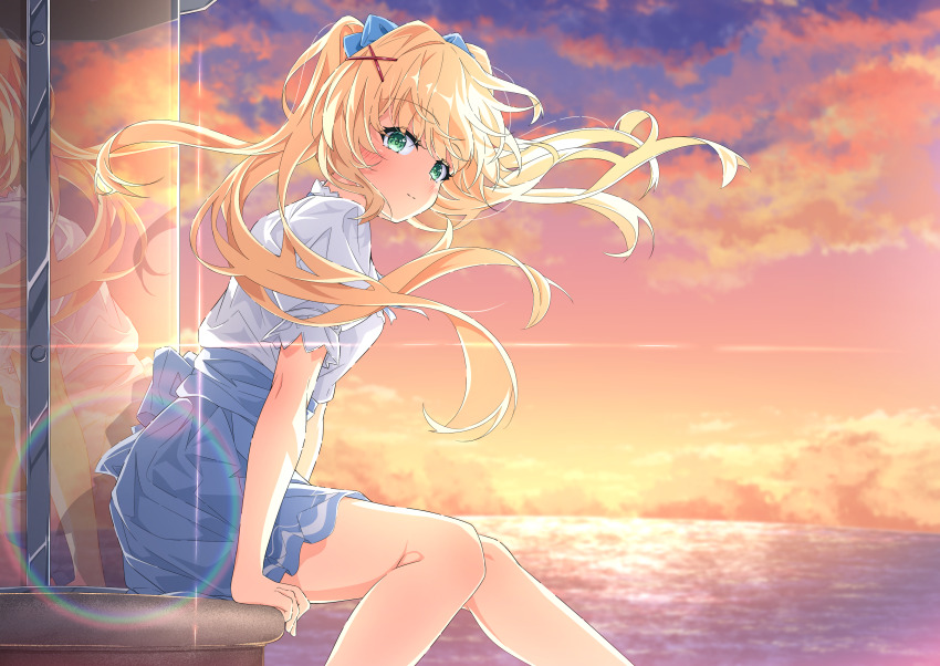 1girl absurdres arms_at_sides back_bow backlighting blonde_hair blue_bow blue_skirt blurry blurry_background blush bow closed_mouth cloud commentary feet_out_of_frame floating_hair from_side green_eyes hair_between_eyes hair_bow hair_intakes hair_ornament high-waist_skirt highres knees_together_feet_apart kyamiuu leaning_forward lens_flare lighthouse long_hair looking_at_viewer ocean official_alternate_costume orange_sky outdoors puffy_short_sleeves puffy_sleeves reflection shirt short_sleeves sitting skirt sky smile solo split_mouth summer_pockets sunset tsumugi_wenders twintails white_shirt x_hair_ornament