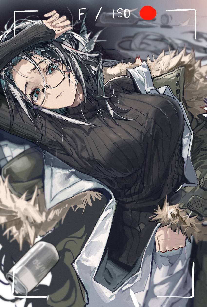 absurdres arknights black_hair blue_eyes breasts can coat coat_partially_removed commentary_request drink_can feather_hair fur-trimmed_coat fur_trim glasses green_coat green_hair highres large_breasts looking_at_viewer messy_hair okasaki_ushio_(03103335) red_pupils ribbed_sweater scar scar_on_hand semi-rimless_eyewear snegurochka_(arknights) sweater turtleneck turtleneck_sweater under-rim_eyewear white_hair