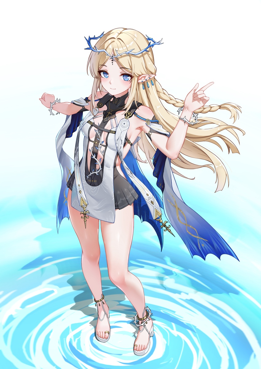 1girl absurdres bare_legs bare_shoulders black_dress blonde_hair blue_eyes braid breast_curtains breasts cartethyia_(wuthering_waves) chinese_commentary closed_mouth commentary_request crown_of_thorns dress feet full_body hand_up highres index_finger_raised legs long_hair looking_at_viewer pointy_ears revealing_clothes revision sidelocks small_breasts smile solo standing standing_on_liquid tabard tacet_mark_(wuthering_waves) toes water white_tabard wuthering_waves xiaoyu_yao_(htx1993601)