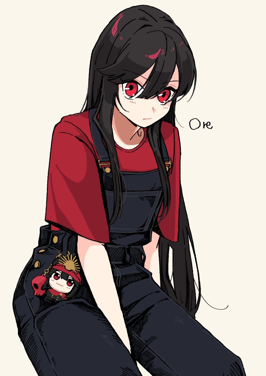 1girl alternate_costume arm_between_legs artist_name black_hair black_overalls blush buttons chain character_doll doll fate/grand_order fate_(series) goma1021 hair_between_eyes highres long_hair looking_at_viewer oda_nobunaga_(fate) oda_nobunaga_(koha-ace) overalls red_eyes red_shirt shirt short_sleeves simple_background sitting skull_ornament solo very_long_hair white_background