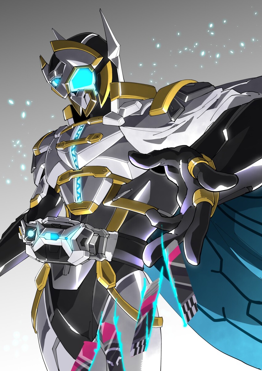 1boy absurdres amakawa_mayu armor blue_eyes cape character_request rider_belt full_armor gauntlets glowing glowing_eyes highres kamen_rider kamen_rider_outsiders kamen_rider_zein male_focus open_hand side_cape tokusatsu white_armor