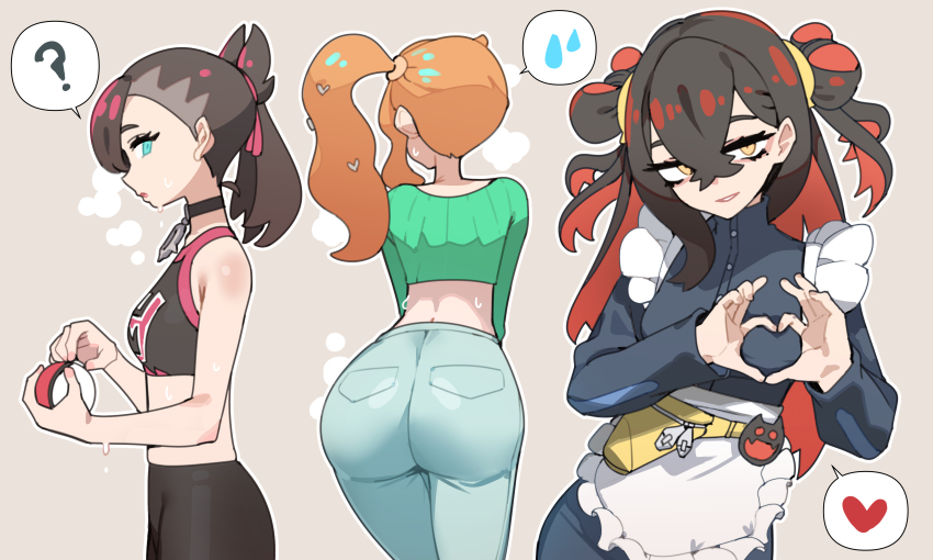 3girls ? absurdres apron ass brown_hair buttons carmine_(pokemon) cropped_shirt eyelashes green_eyes green_shirt hair_ribbon heart heart_hands highres holding holding_poke_ball jacket jin_rou leaning_forward leggings long_sleeves looking_at_viewer marnie_(pokemon) multicolored_hair multiple_girls nintendo open_mouth orange_hair pants pink_ribbon poke_ball poke_ball_(basic) pokemon pokemon_sv pokemon_swsh ribbon shirt side_ponytail single_sidelock sonia_(pokemon) spoken_heart spoken_question_mark sports_bra sweat twintails two-tone_hair waist_apron white_apron yellow_bag yellow_eyes zipper_pull_tab