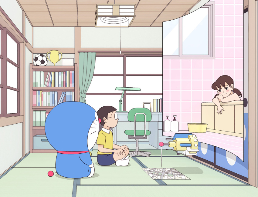 1boy 1girl bath bathroom bathtub completely_nude doraemon doraemon_(character) glasses highres kiyo_(kyokyo1220) map_(object) minamoto_shizuka nobi_nobita nude robot