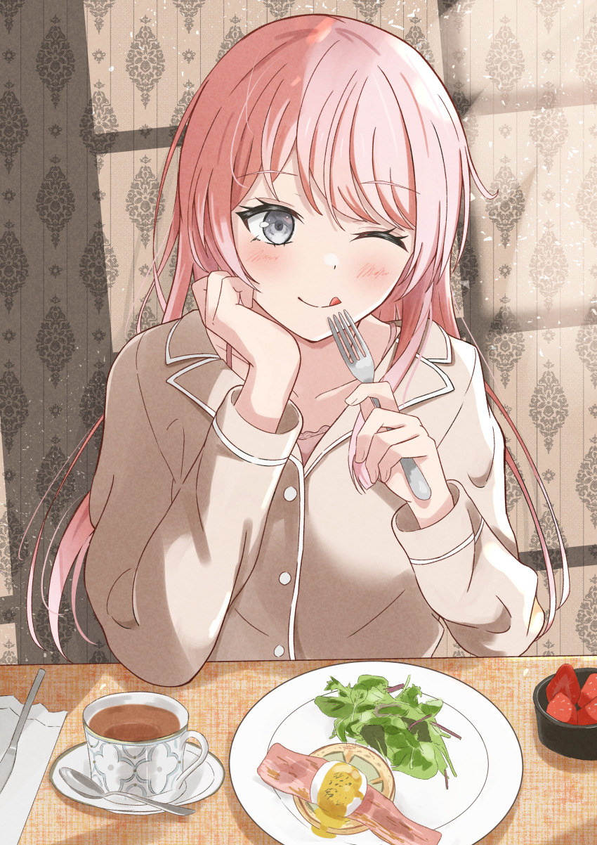 1girl absurdres bacon bang_dream! bang_dream!_it&#039;s_mygo!!!!! beniyomogi blush brown_shirt chihaya_anon closed_mouth commentary_request cup food fork fruit grey_eyes highres holding holding_fork long_hair long_sleeves looking_at_viewer one_eye_closed pink_hair shirt solo strawberry tongue tongue_out