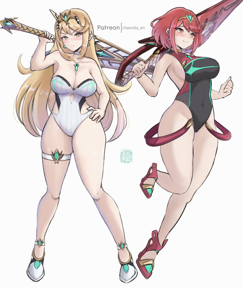 2girls absurdres bare_shoulders black_one-piece_swimsuit blonde_hair blush breasts chascoby chest_jewel cleavage core_crystal_(xenoblade) full_body highres holding holding_sword holding_weapon large_breasts leotard long_hair multiple_girls mythra_(radiant_beach)_(xenoblade) mythra_(xenoblade) one-piece_swimsuit pyra_(pro_swimmer)_(xenoblade) pyra_(xenoblade) red_eyes red_hair red_one-piece_swimsuit short_hair strapless strapless_one-piece_swimsuit swimsuit sword tiara weapon white_leotard white_one-piece_swimsuit xenoblade_chronicles_(series) xenoblade_chronicles_2 yellow_eyes