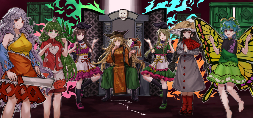 6+girls absurdres ajirogasa antennae apron bamboo bare_shoulders barefoot black_boots black_dress black_hair black_hat black_socks blonde_hair blue_hair blue_sleeves boots bow bowtie braid breasts brown_hair brown_hat butterfly_wings buttons capelet clenched_hands closed_mouth clothes_writing collared_shirt constellation constellation_print cowboy_shot detached_sleeves door dress drum energy eternity_larva everyone frills full_body green_dress green_eyes green_hair green_shoes green_skirt grey_dress grey_hair hair_between_eyes hands_up hashitsuki_nata hat heart heart_print hidden_star_in_four_seasons highres holding holding_weapon horns insect_wings instrument komano_aunn large_breasts leaf leaf_on_head long_earlobes long_hair long_sleeves looking_at_viewer low-braided_long_hair low-tied_long_hair matara_okina medium_breasts multicolored_dress multiple_girls myouga_(plant) nata_(tool) nishida_satono open_mouth orange_dress orange_sleeves orange_tabard own_hands_together pink_dress pink_shoes puffy_short_sleeves puffy_sleeves red_bow red_bowtie red_capelet red_dress red_eyes red_ribbon red_shirt ribbon sakata_nemuno shadow shirt shoes short_hair_with_long_locks short_sleeves shorts sitting sitting_on_throne skirt sleeveless sleeveless_dress smile snow_on_headwear socks spread_legs standing standing_on_one_leg tabard tassel teeth teireida_mai tentaizukan touhou tsuzumi twin_braids two-tone_dress wavy_hair weapon white_apron white_shirt white_shorts wide_sleeves wings yatadera_narumi yellow_bow yellow_bowtie yellow_dress yellow_eyes yellow_ribbon