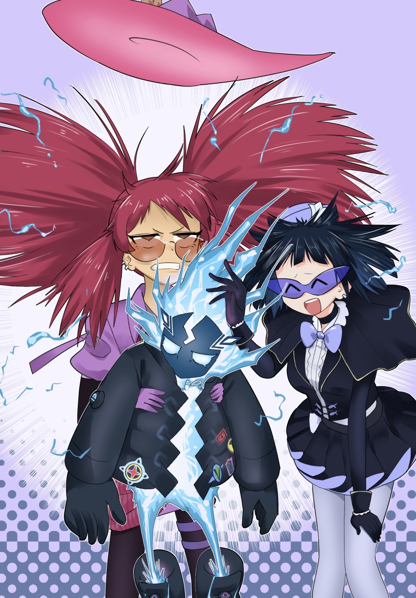 1boy 2girls absurdres black_hair bomber_jacket duel_monster electricity electrocution evil_twin_ki-sikil evil_twin_lil-la hat height_difference highres holding_another&#039;s_arm jacket ki-sikil_(yu-gi-oh!) lil-la_(yu-gi-oh!) looking_at_another multiple_girls pink_hair sawan_cutman short_hair skirt smile spright_blue sprite static_electricity sun_hat sunglasses yu-gi-oh!