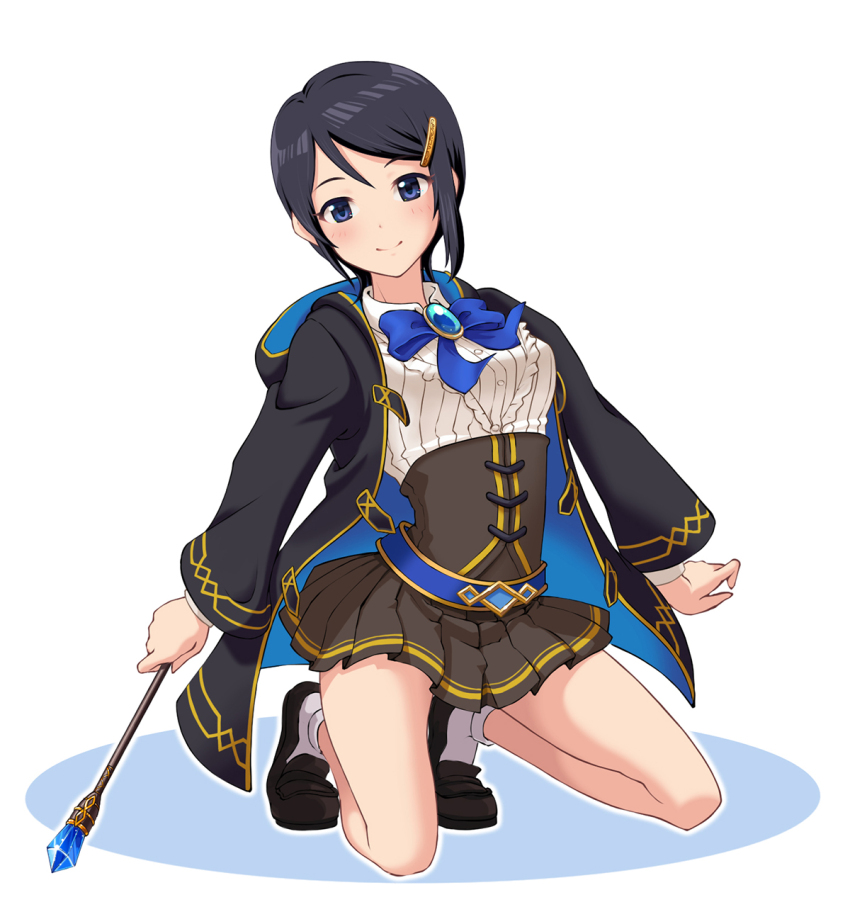 1girl argon_(argon18) black_corset black_hair black_hoodie black_skirt blue_bow blue_bowtie blue_brooch blue_eyes bow bowtie breasts closed_mouth corset dot_nose frilled_shirt frills full_body hair_ornament hairclip highres holding holding_wand hood hood_down hoodie idolmaster idolmaster_dearly_stars kneeling loafers long_sleeves medium_breasts miniskirt mizutani_eri open_clothes open_hoodie pleated_skirt shirt shoes short_hair simple_background skirt smile socks solo wand white_background white_shirt white_socks