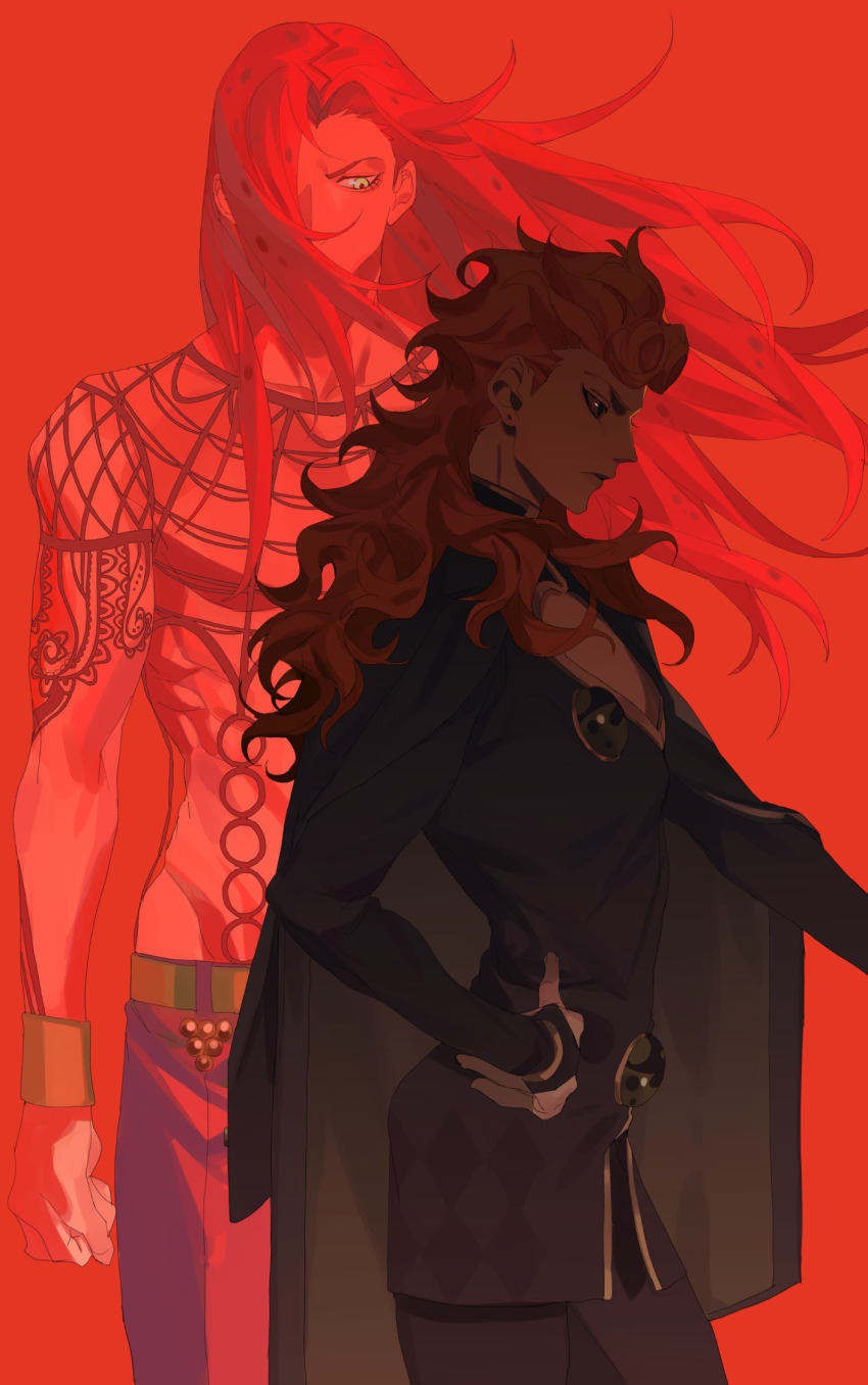 2boys argyle_clothes arm_tattoo armlet belt black_jacket black_pants blonde_hair clothing_cutout collared_jacket diavolo fishnet_top fishnets giorno_giovanna gold_trim green_belt green_eyes hand_on_own_hip heart_cutout highres hymkky3 jacket jewelry jojo_no_kimyou_na_bouken ladybug_ornament long_hair looking_ahead looking_at_another male_focus multiple_boys muscular muscular_male pants pectoral_cleavage pectorals purple_pants red_background red_theme simple_background tattoo vento_aureo very_long_hair victory_rolls