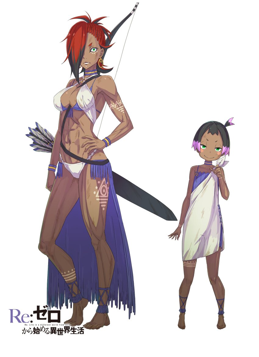 2girls abs absurdres arrow_(projectile) bare_shoulders barefoot biceps bikini black_hair blush blush_stickers bow_(weapon) breasts child choker closed_mouth collarbone commentary_request copyright_name covered_abs dark-skinned_female dark_skin dress flat_chest flipped_hair full_body green_eyes hair_over_one_eye halterneck hand_on_own_hip hand_up harem_outfit highres holding holding_weapon jitome large_breasts lips long_bangs looking_at_viewer miseruda_(re:zero) multicolored_hair multiple_girls muscular muscular_female o-ring official_art ootsuka_shin&#039;ichirou open_hand panties purple_bikini purple_choker purple_dress quiver re:zero_kara_hajimeru_isekai_seikatsu red_hair short_hair simple_background smile spread_fingers standing swimsuit thick_thighs thighs tied_dress two-tone_hair undercut underwear utakata_(re:zero) v-shaped_eyebrows weapon white_background white_panties wide-eyed