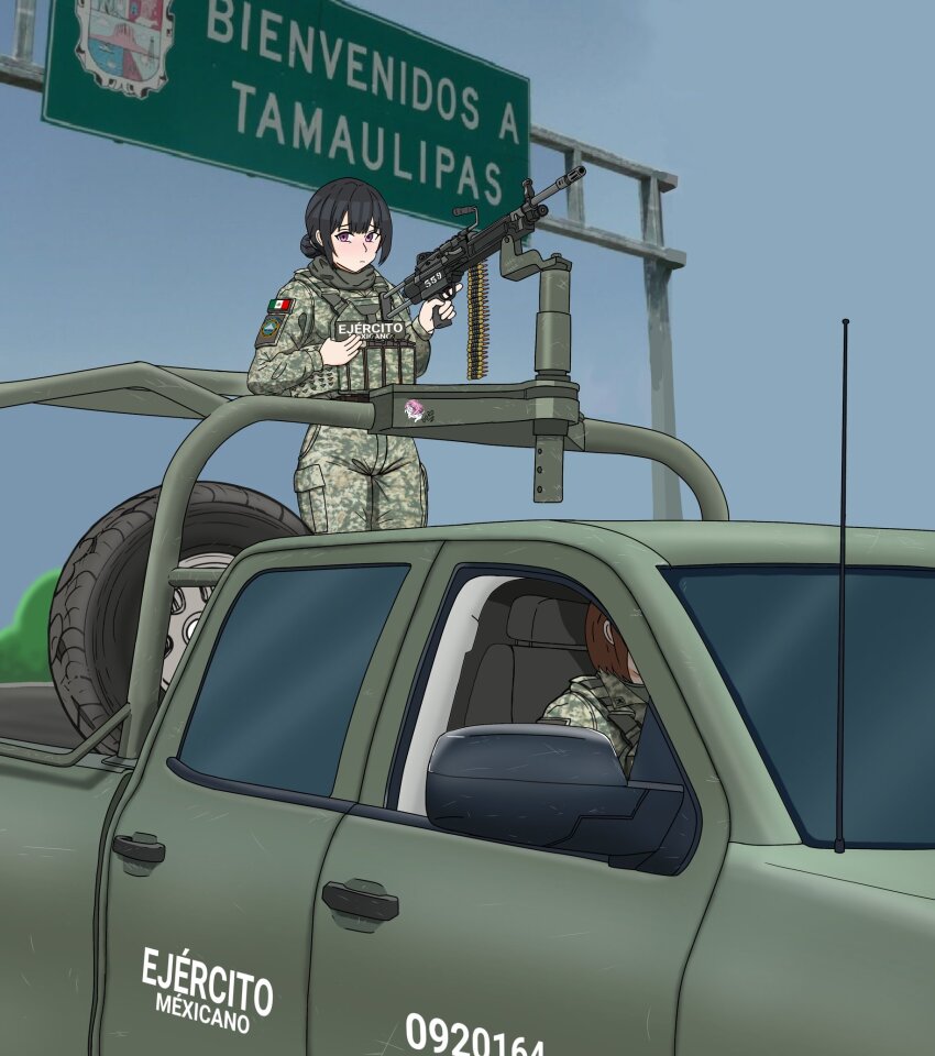 2girls black_hair brown_hair commentary_request doro_(nikke) goddess_of_victory:_nikke gun highres holding holding_pointer looking_at_viewer machine_gun mexican_army mexican_flag mexico military_fatigues military_truck military_uniform military_vehicle motor_vehicle multiple_girls mx_waifus original outdoors pickup_truck pointer short_hair soldier spanish_commentary spanish_text tamaulipas truck weapon
