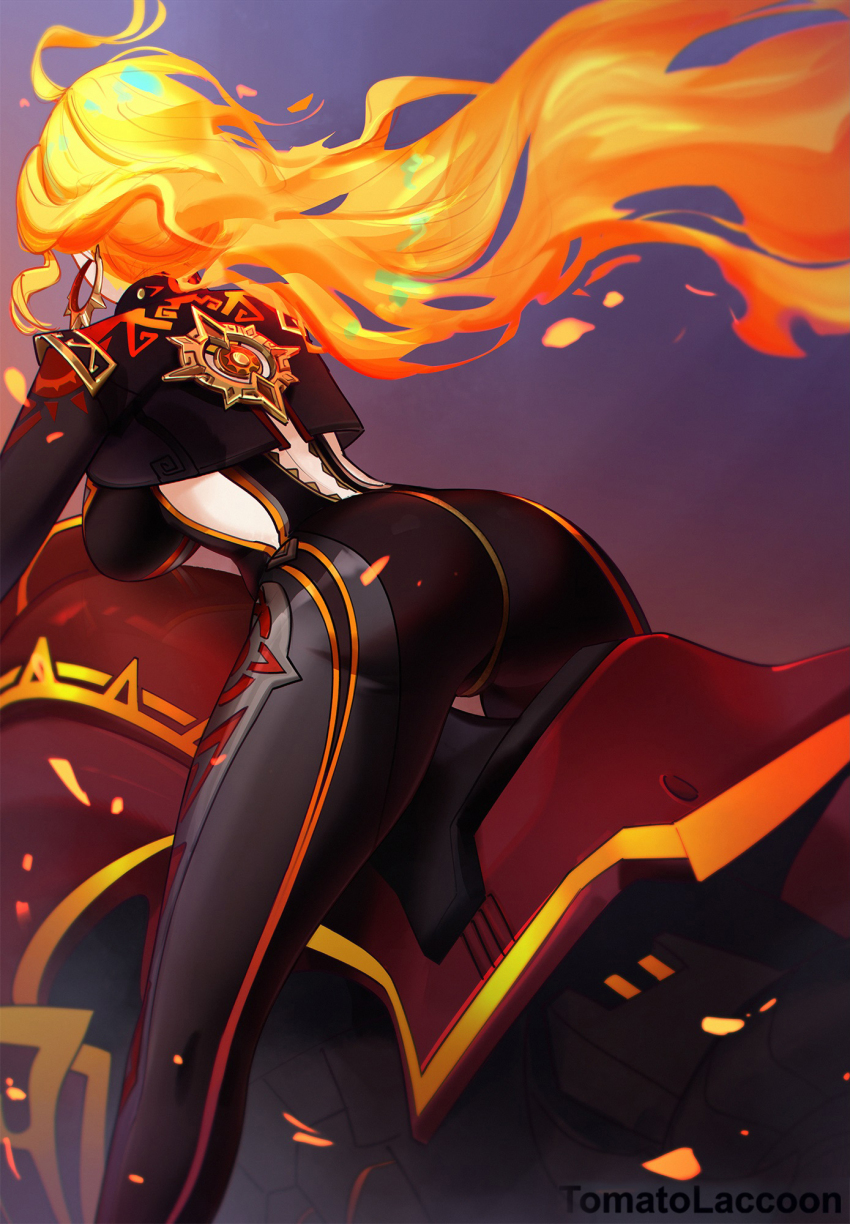 1girl ahoge ass ass_focus biker_clothes bikesuit black_bodysuit bodysuit breasts commentary earrings facing_away fiery_hair flamestrider_(genshin_impact) genshin_impact green_hair hashtag-only_commentary highres long_hair mavuika_(genshin_impact) motor_vehicle motorcycle multicolored_hair multiple_girls official_alternate_hair_color on_motorcycle sun_earrings textless_version thighs tomatolaccoon two-tone_hair very_long_hair