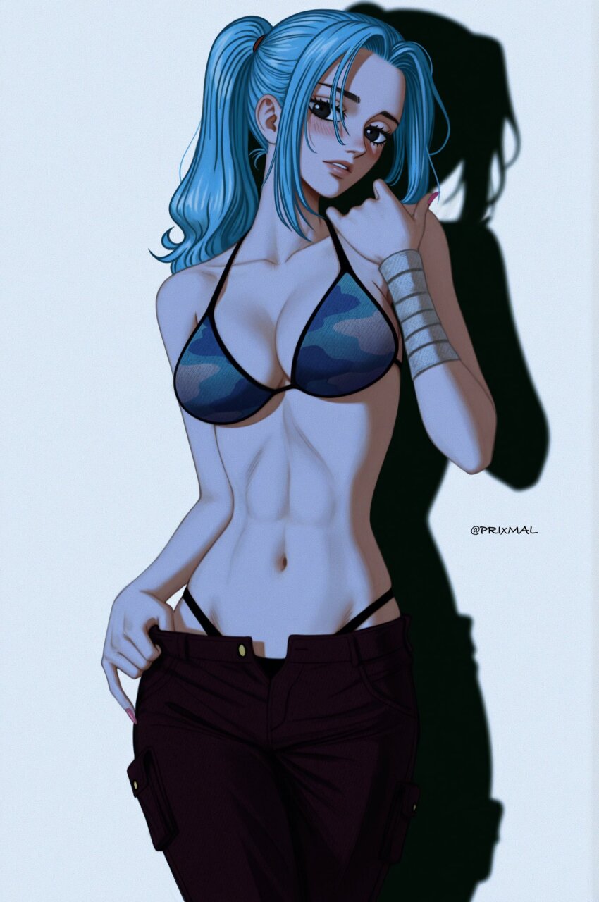1girl abs ai-assisted artist_name bandaged_arm bandages bikini black_eyes black_pants blue_hair blue_theme blush breasts cleavage clothes_pull collarbone cowboy_shot crossed_legs dim_lighting drop_shadow film_grain fingernails hand_on_own_shoulder head_tilt highleg highres long_hair looking_at_viewer medium_breasts nail_polish navel nefertari_vivi no_shirt one_piece open_fly pants pants_pull panty_straps parted_lips pink_nails ponytail print_bikini prixmal shadow simple_background solo standing stomach swimsuit toned toned_female white_background