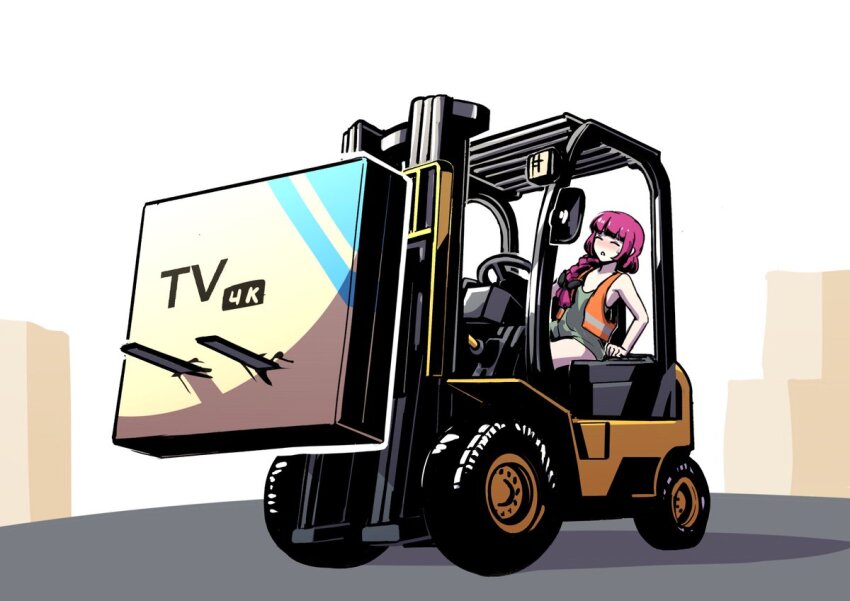 1girl bocchi_the_rock! closed_eyes dress driving forklift green_dress hiroi_kikuri long_braid long_hair motor_vehicle open_clothes open_mouth open_vest orange_vest purple_hair qwetzo solo steering_wheel television vest