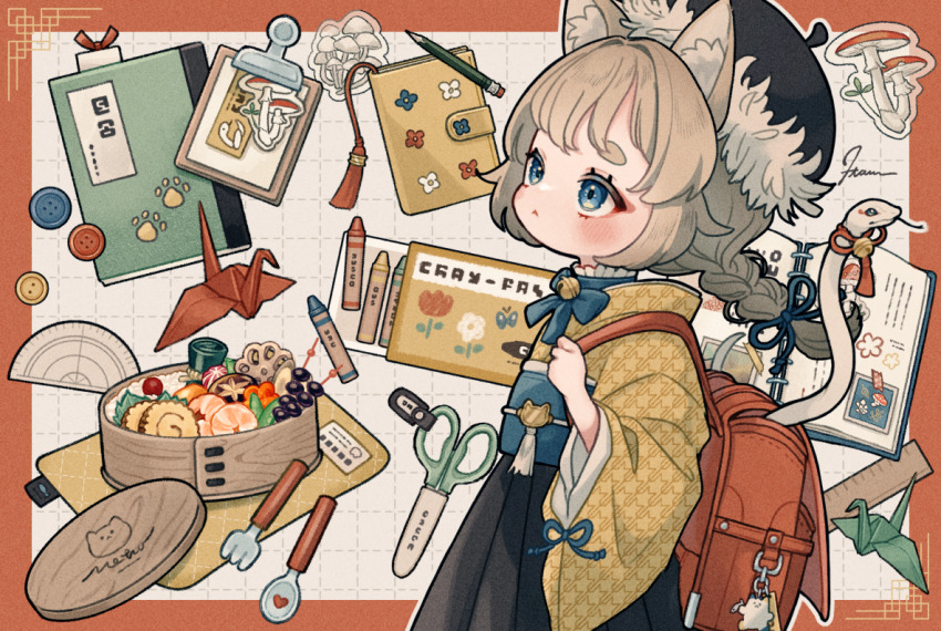 1girl animal animal_ear_fluff animal_ears backpack bag bell bento beret black_hat blue_eyes blush book braid brown_hair buttons cat_ears cat_girl child closed_mouth cowboy_shot crayon eyelashes food fork hat japanese_clothes long_hair long_sleeves looking_afar looking_up mushroom open_book origami original paper_crane pencil rice ruler scissors short_eyebrows shrimp snake solo spoon taruchi_sucre tassel white_snake wide_sleeves