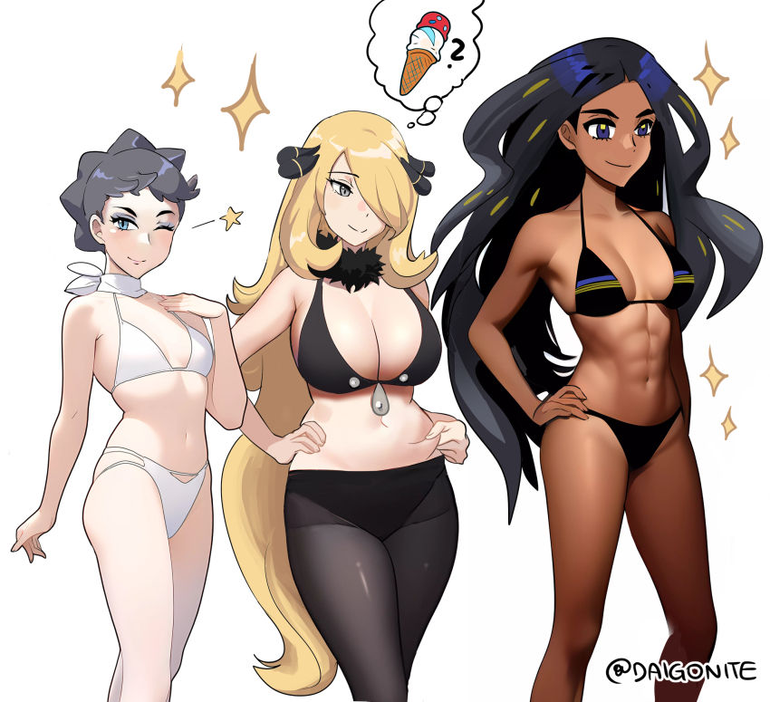 3girls ? abs bikini black_bikini black_bra black_hair black_panties black_pantyhose blue_eyes bra breasts cleavage closed_mouth commentary cynthia_(pokemon) dark-skinned_female dark_skin diantha_(pokemon) english_commentary eyeliner food fur_collar geeta_(pokemon) goro_orb grey_eyes grey_hair hair_over_one_eye hand_on_own_hip highres ice_cream ice_cream_cone large_breasts long_hair makeup medium_breasts multicolored_hair multiple_girls navel nintendo one_eye_closed panties panties_under_pantyhose pantyhose pinching pokemon pokemon_dppt pokemon_sv pokemon_xy purple_eyes short_hair small_breasts smile sparkle speech_bubble spoken_food star_(symbol) stomach streaked_hair swimsuit symbol_in_eye thighs thought_bubble underwear very_long_hair white_bikini