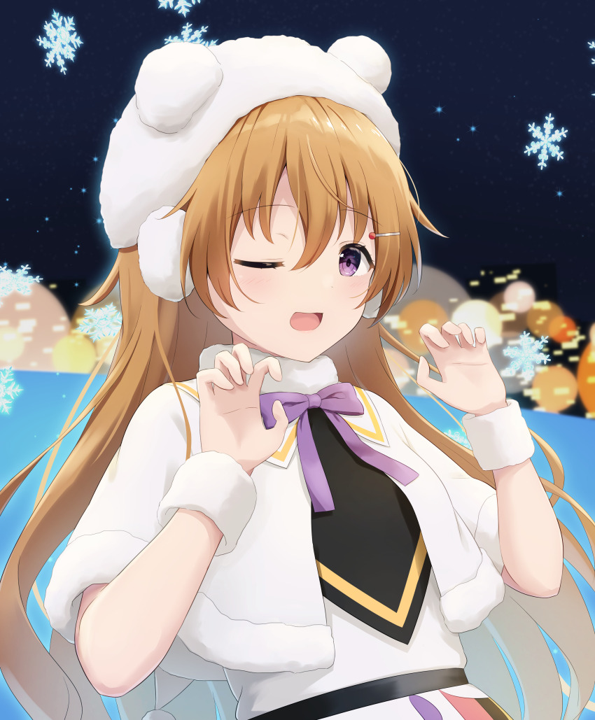 1girl ;d absurdres beret blurry bokeh brown_hair capelet claw_pose colorful_dreams!_colorful_smiles!_(love_live!) commentary depth_of_field dress earmuffs fur-trimmed_capelet fur_trim hair_ornament hairclip hanazora_satsuki hat highres konoe_kanata long_hair love_live! love_live!_nijigasaki_high_school_idol_club neck_ribbon one_eye_closed open_mouth purple_eyes purple_ribbon ribbon smile snowflakes solo upper_body white_capelet white_dress white_hat white_wrist_cuffs winter_clothes wrist_cuffs