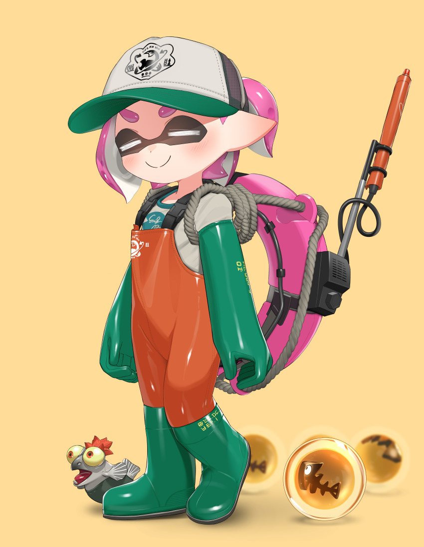 1girl absurdres baseball_cap boots closed_mouth commission full_body gloves golden_egg_(splatoon) green_boots green_gloves hat highres inkling inkling_girl inkling_player_character jumpsuit lifebuoy nintendo orange_jumpsuit pink_hair pointy_ears print_headwear puchiman rubber_boots rubber_gloves salmon_run_(splatoon) salmonid second-party_source short_hair simple_background smallfry_(splatoon) smile solo splashtag_(splatoon) splatoon_(series) splatoon_3 standing swim_ring tentacle_hair thick_eyebrows yellow_background