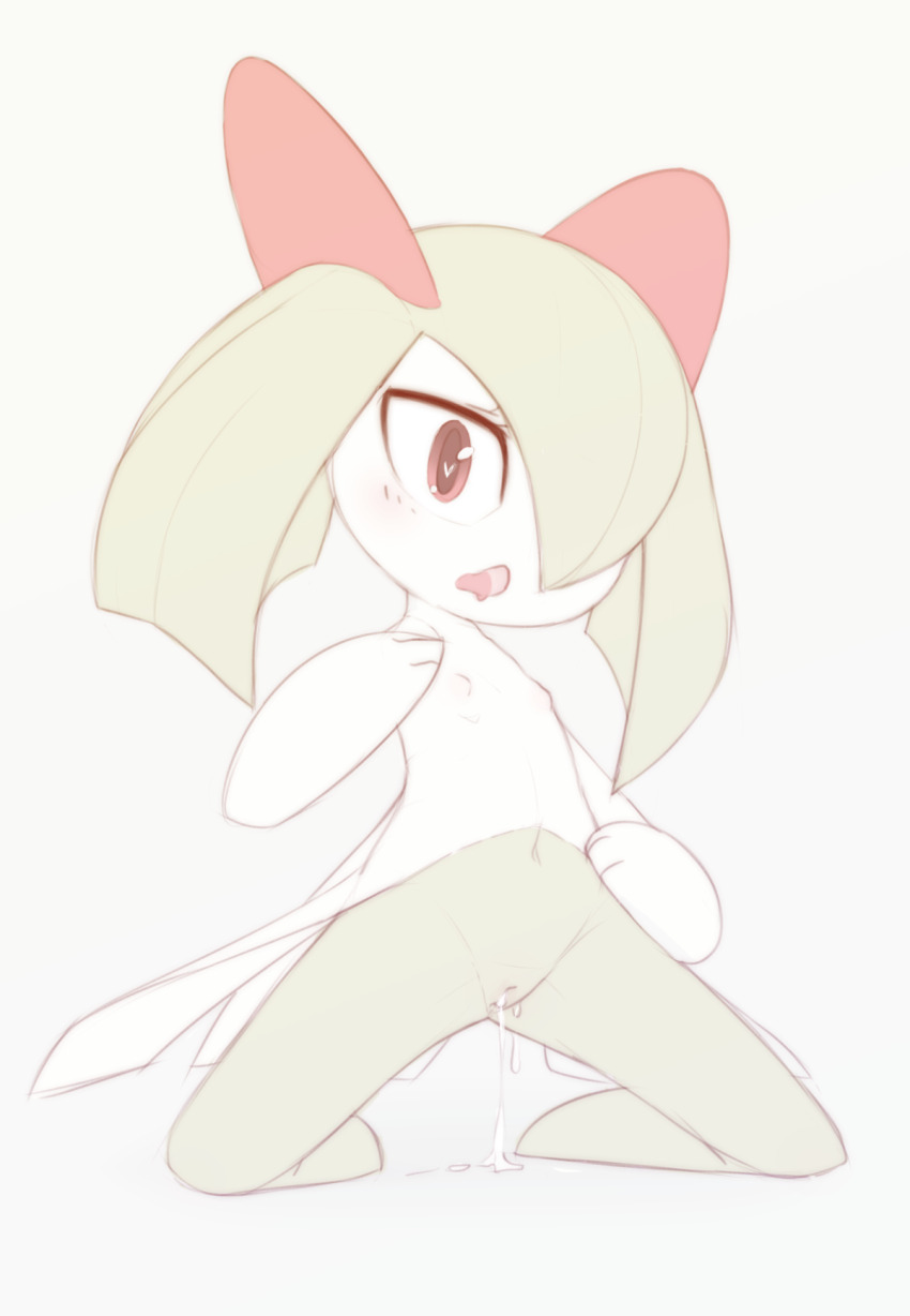 1girl blush cleft_of_venus colored_skin drooling female_focus flat_chest flat_color full_body gen_3_pokemon green_hair green_skin grey_background hair_over_one_eye hand_on_own_hip hand_up heart heart_in_eye in_heat kekitopu kirlia kneeling light_blush loli medium_hair mouth_drool multicolored_skin navel nintendo nipples no_feet one_eye_covered open_mouth pokemon pokemon_(creature) pokephilia pussy pussy_juice pussy_juice_drip red_eyes sidelocks simple_background sketch solo spread_legs stomach symbol_in_eye thighs two-tone_skin white_skin