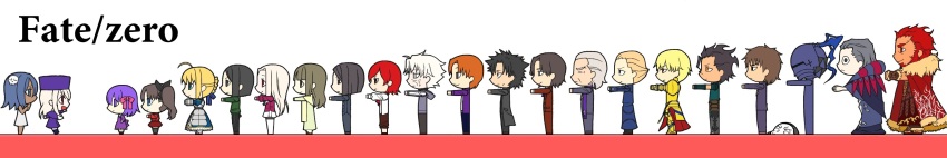 6+boys 6+girls ahoge amakaeru_(frog-frog-prince13) armor artoria_pendragon_(fate) assassin_(fate/zero) berserker_(fate/zero) black_suit blonde_hair blue_dress blue_suit bow brown_hair cape character_request check_character chibi closed_mouth commentary_request copyright_name dark-skinned_female dark_skin diarmuid_ua_duibhne_(fate) diarmuid_ua_duibhne_(lancer)_(fate) dress emiya_kiritsugu everyone fate/zero fate_(series) faulds formal_clothes from_side fur-trimmed_cape fur_trim gilgamesh_(fate) gilles_de_rais_(caster)_(fate) gilles_de_rais_(fate) hair_bow highres hisau_maiya illyasviel_von_einzbern irisviel_von_einzbern iskandar_(fate) kotomine_kirei long_image matou_sakura matou_zouken miniskirt multiple_boys multiple_girls outstretched_arms purple_dress purple_hair red_cape red_dress red_hair red_shirt red_suit robe saber_(fate) shirt short_hair skirt smile suit tohsaka_rin white_background white_skirt wide_image yellow_robe