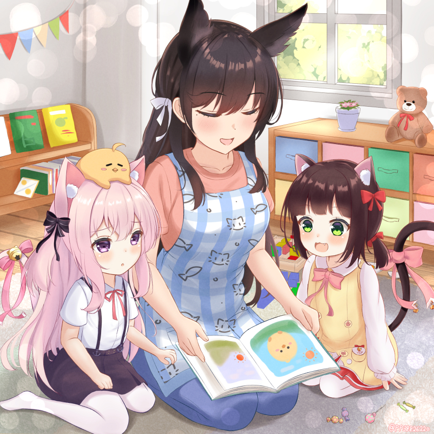 3girls :3 absurdres ahoge animal animal_ear_fluff animal_ears animal_on_head apron atago_(azur_lane) azur_lane bell black_ribbon black_skirt blue_pants book bookshelf bow brown_hair candy cat_ears cat_girl cat_tail closed_eyes extra_ears fang food green_eyes hair_bow highres indoors jingle_bell kindergarten_teacher kisaragi_(azur_lane) kisaragi_(retrofit)_(azur_lane) lollipop long_hair manjuu_(azur_lane) miniskirt multiple_girls mutsuki_(azur_lane) mutsuki_(retrofit)_(azur_lane) on_head open_mouth paashe pants pantyhose picture_book pink_eyes pink_hair pink_ribbon pink_shirt reading reading_together red_ribbon red_skirt ribbon school_uniform shirt short_hair short_sleeves short_twintails sitting skirt smile stuffed_animal stuffed_toy suspender_skirt suspenders tail tail_bell tail_ornament tail_ribbon teddy_bear twintails two_side_up white_pantyhose white_ribbon white_shirt window yellow_shirt