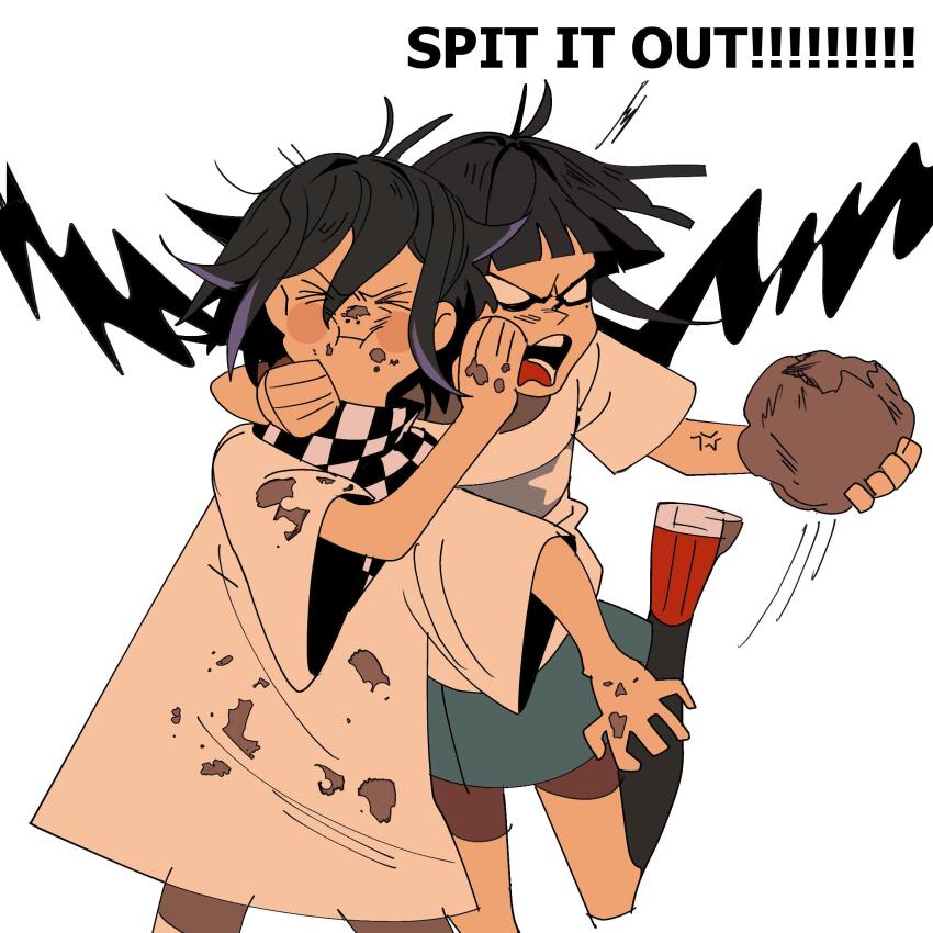 &gt;_&lt; 1boy 1girl aged_down ahoge alternate_costume anger_vein angry black_hair blue_skirt checkered_clothes checkered_neckerchief child commentary danganronpa_(series) danganronpa_v3:_killing_harmony dirty dirty_clothes dirty_face eating english_commentary english_text fang flipped_hair floating_hair hair_between_eyes highres long_hair lovepoints male_focus motion_lines mouthful mud neckerchief oma_kokichi open_mouth oversized_clothes oversized_shirt purple_eyes purple_hair shirt short_hair simple_background skirt surprised t-shirt upper_body white_background