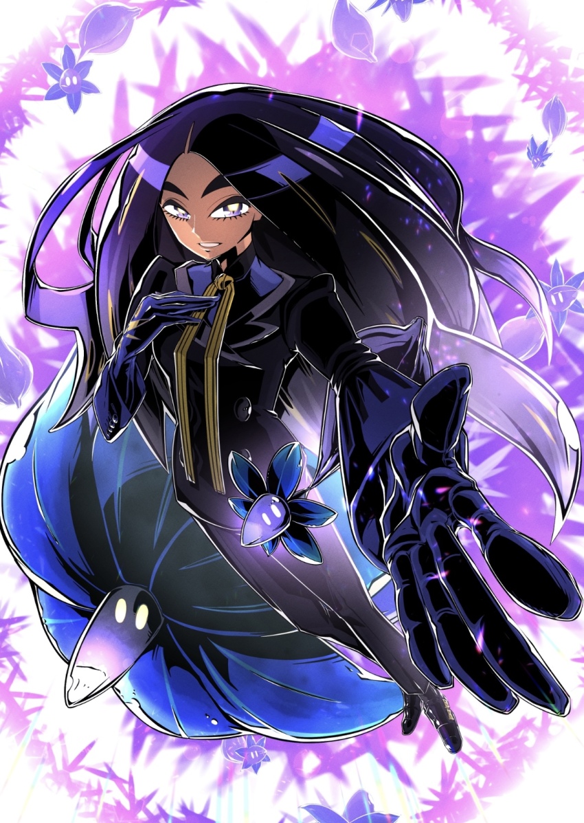 1girl black_footwear black_hair black_jacket black_pants blue_shirt bright_pupils commentary_request dark-skinned_female dark_skin game_freak geeta_(pokemon) glimmet glimmora gloves grin highres jacket kakashino_kakato long_hair long_sleeves looking_at_viewer neck_ribbon nintendo outstretched_hand pants pokemon pokemon_(creature) pokemon_sv ribbon shirt shoes smile teeth white_pupils yellow_ribbon
