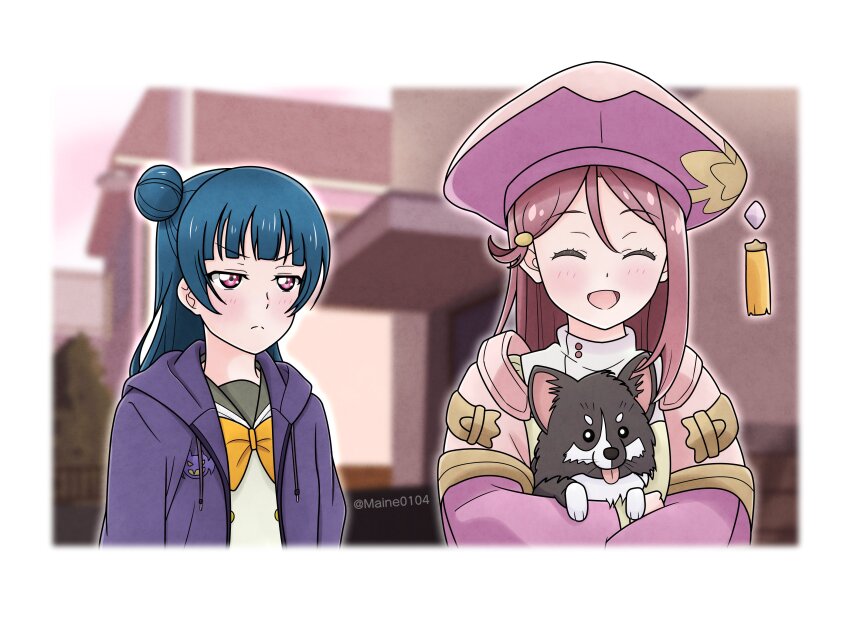 &gt;:( 2girls absurdres animal anko_(love_live!) blue_hair blunt_bangs blurry blurry_background blush bow bowtie buttons closed_mouth commentary dog double-breasted genjitsu_no_yohane grey_sailor_collar hair_between_eyes hair_bun hat highres holding holding_animal holding_dog in-franchise_crossover jacket long_sleeves looking_at_another love_live! love_live!_sunshine!! maine0104 multiple_girls open_clothes open_jacket outdoors pink_eyes pink_hat purple_hat purple_jacket red_hair riko_(genjitsu_no_yohane) sailor_collar sakurauchi_riko school_uniform serafuku single_side_bun split_mouth tongue tongue_out tsushima_yoshiko twitter_username uranohoshi_school_uniform v-shaped_eyebrows winter_uniform