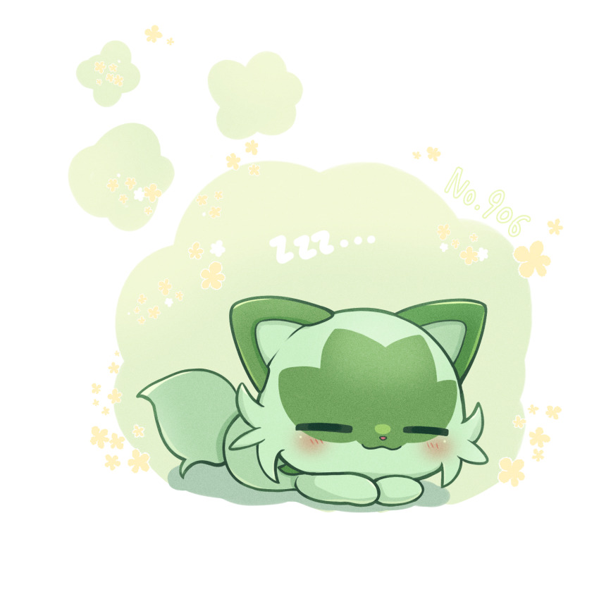 025sakura393 blush border closed_eyes closed_mouth commentary_request full_body highres lying nintendo no_humans on_stomach pokemon pokemon_(creature) pokemon_focus sleeping smile solo sprigatito white_border zzz