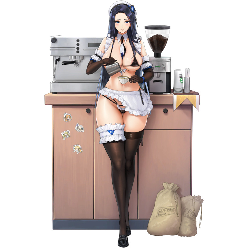 1girl apron areola_slip between_breasts bikini black_bikini black_gloves black_shoes blue_eyes blue_hair blush bracelet breasts cafe cameltoe character_sticker coffee_bag coffee_beans coffee_grinder coffee_maker collar counter covered_erect_nipples cup detached_collar disposable_cup elbow_gloves english_text frilled_apron frilled_gloves frilled_panties frilled_straps frills full_body game_cg gloves gluteal_fold highres holding holding_cup invincible_dragon_(last_origin) jewelry large_breasts last_origin lips long_hair looking_at_viewer maid maid_bikini maid_cafe mel_(dodosae) micro_bikini milk multicolored_necktie navel necktie necktie_between_breasts nereid_(last_origin) o-ring o-ring_top official_alternate_costume official_art panties pen pouring sack safety_pin shoes sirene_(last_origin) skindentation smile sticker stirring_rod string_bikini swimsuit tachi-e teacup thetis_(last_origin) thigh_strap thighhighs transparent_background unconventional_maid underwear undine_(last_origin) white_apron white_collar