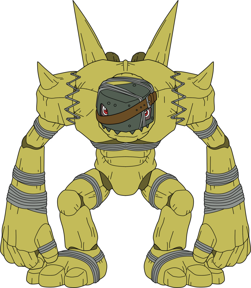 absurdres belt digimon digimon_(creature) golem golemon highres looking_at_viewer red_eyes sharp_teeth solo teeth transparent_background