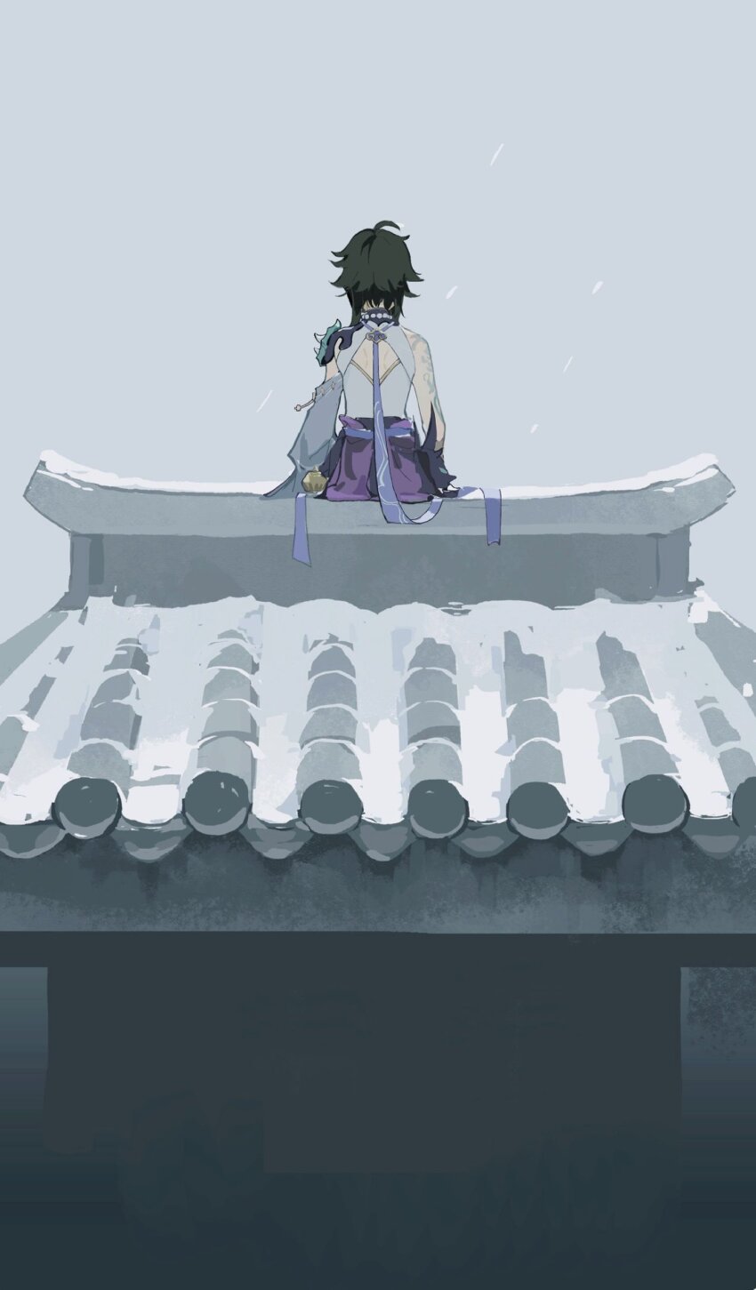 1boy absurdres arm_tattoo armor back_cutout clothing_cutout facing_ahead from_behind genshin_impact green_hair highres huashengmi male_focus on_roof outdoors pants pauldrons purple_pants rooftop shirt short_hair shoulder_armor shoulder_tattoo single_bare_shoulder single_pauldron sitting sitting_on_roof snow snow_on_roof solo tattoo white_shirt winter xiao_(genshin_impact)