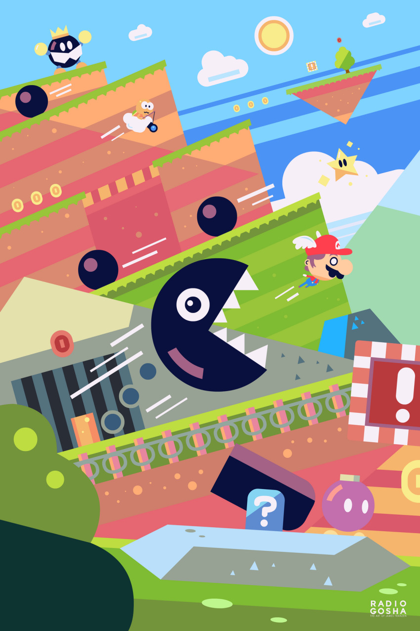 !_block 1boy artist_name bob-omb_battlefield bob-omb_buddy brown_hair cannon chain_chomp cloud coin commentary english_commentary floating_island flying gold_coin hat highres metal_ball james_franzen king_bob-omb lakitu male_focus mario mario_(series) motion_lines nintendo o_o red_coin sun super_mario_64 super_star_(mario) wing_mario winged_hat