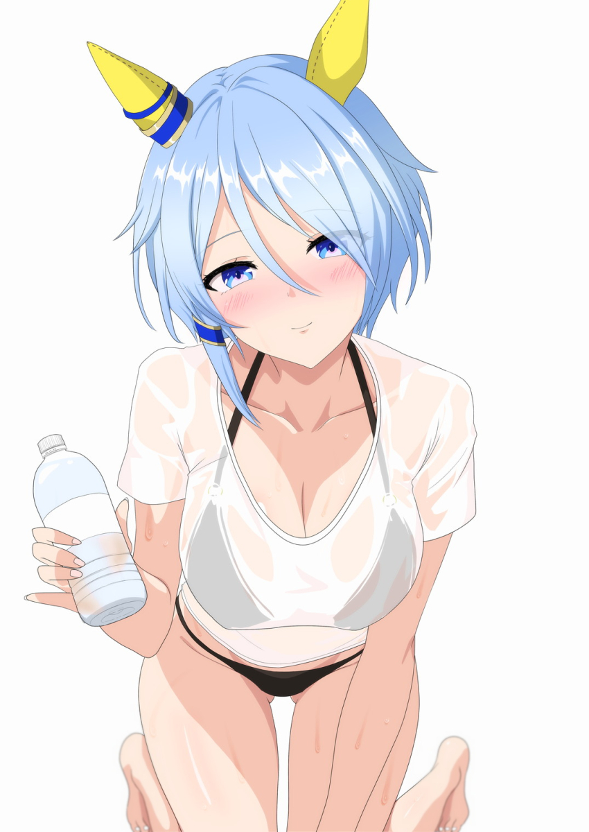 1girl alternate_costume animal_ears barefoot bikini blue_eyes blue_hair blush bottle breasts cleavage closed_mouth collarbone highres horse_ears horse_girl k.s.miracle_(umamusume) medium_breasts medium_hair see-through_clothes see-through_shirt shirt simple_background smile solo swimsuit umamusume water_bottle white_background yamaboshi_ryuu
