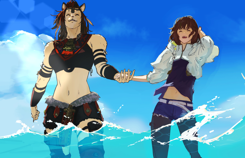 2girls absurdres belt blue_sky brown_hair circlet crop_top cropped_hoodie final_fantasy final_fantasy_xiv fingernails fur_trim highres holding_hands hood hoodie hrothgar hyur leggings_under_shorts lion_girl long_fingernails multiple_girls oliver_(oliverclassict) sharp_fingernails short_shorts shorts sky sphene_(ff14) water wuk_lamat
